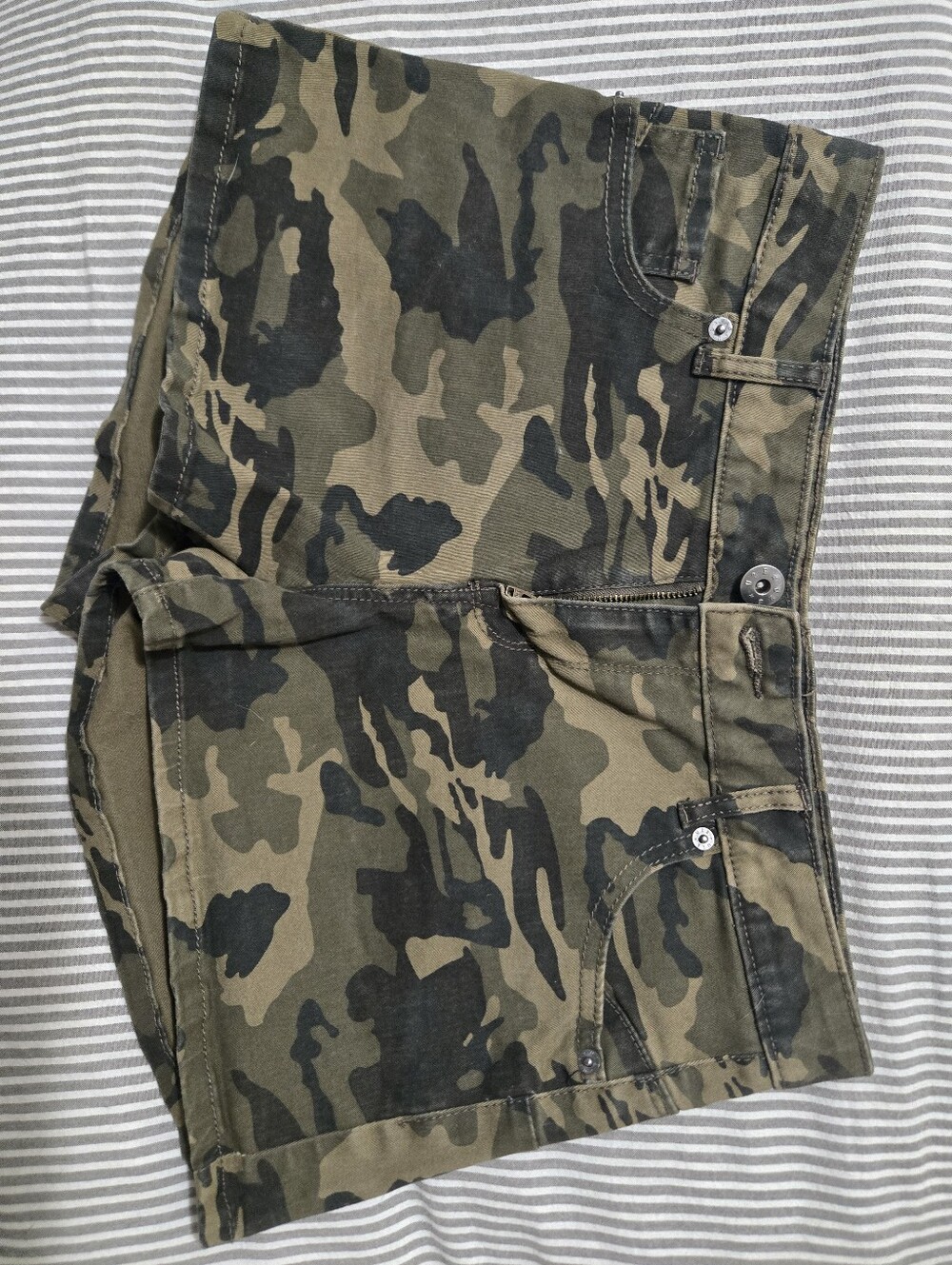 Camo Print Denim Shorts - Olive & Black